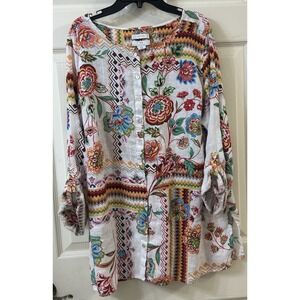 H Halston 100% Linen Tunic 1X Colorful Floral Artsy Long Slv Roll Tab Wmns EUC